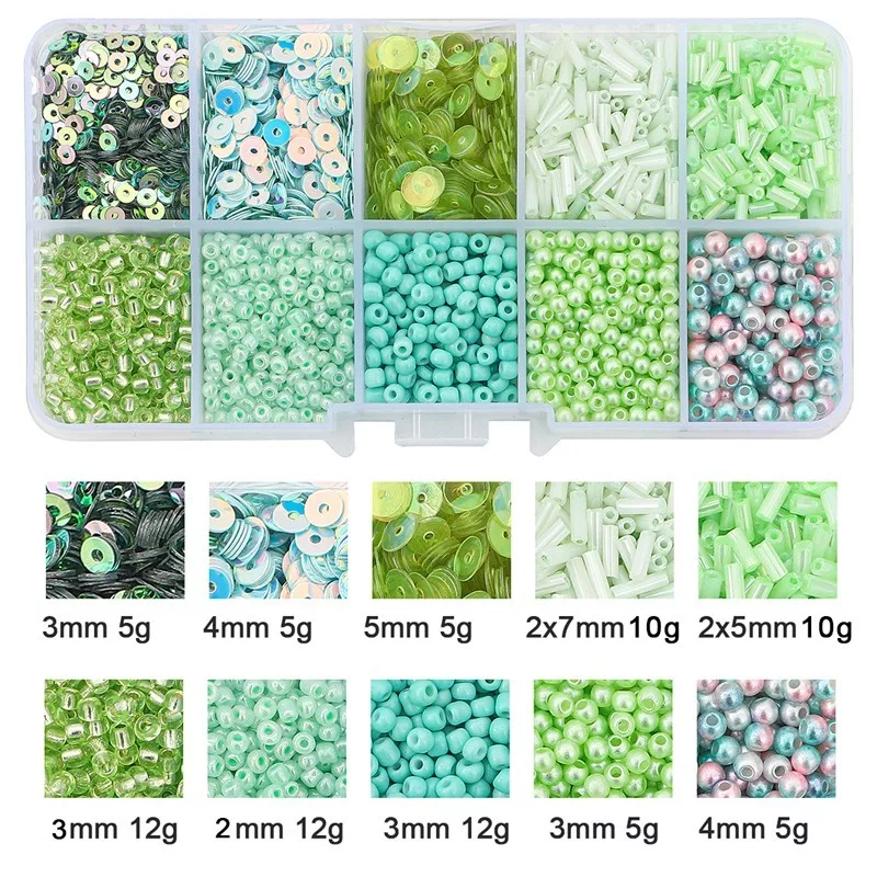 PERLES DE ROCAILLE EN VERRE ET PAILLETTES VERT CLAIR